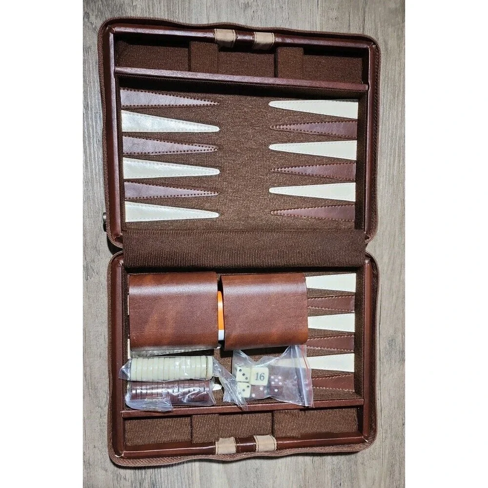 Vintage Magnetic Backgammon Game Faux Leather Zip Travel  Case Read